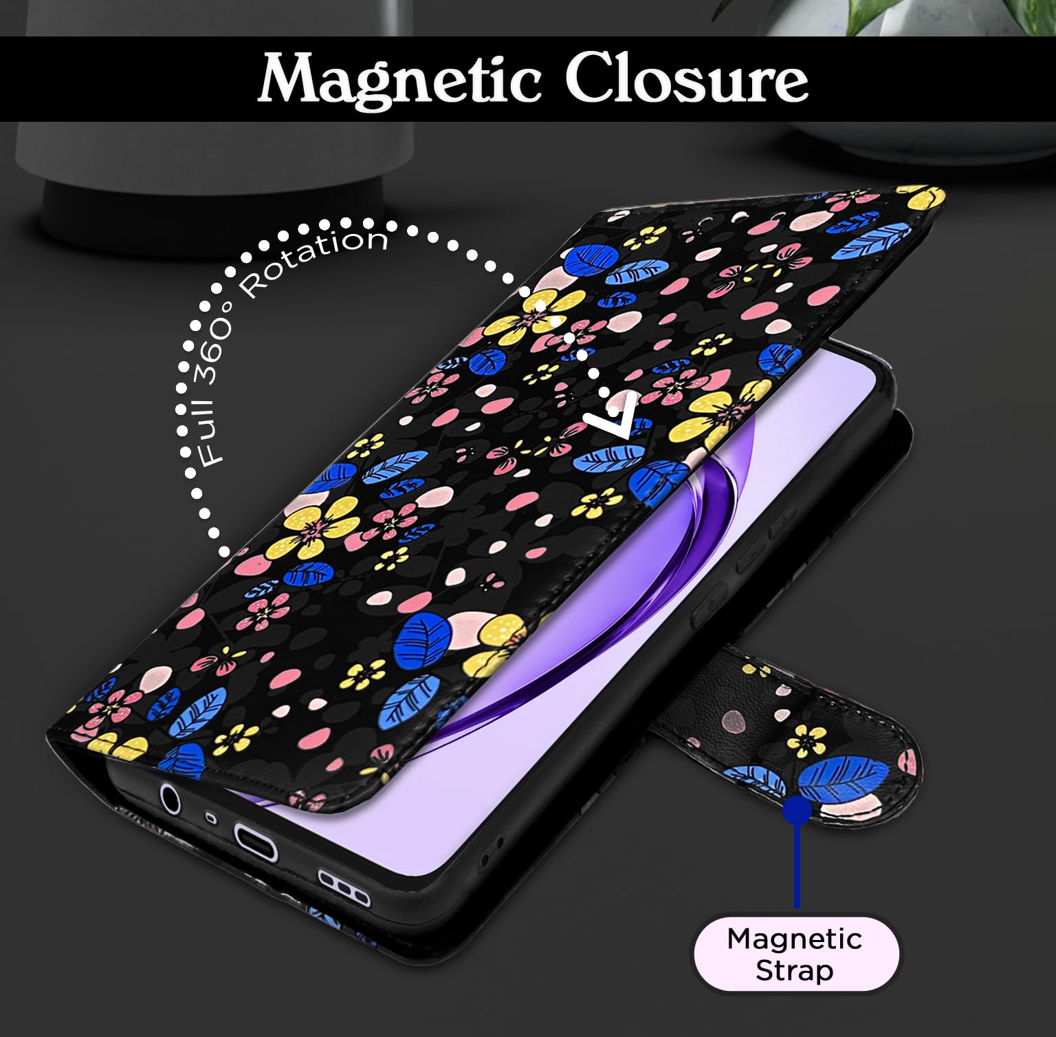Oppo A3x 5G Wallet wallet flip cover in black flower by Pikkme – photo 6