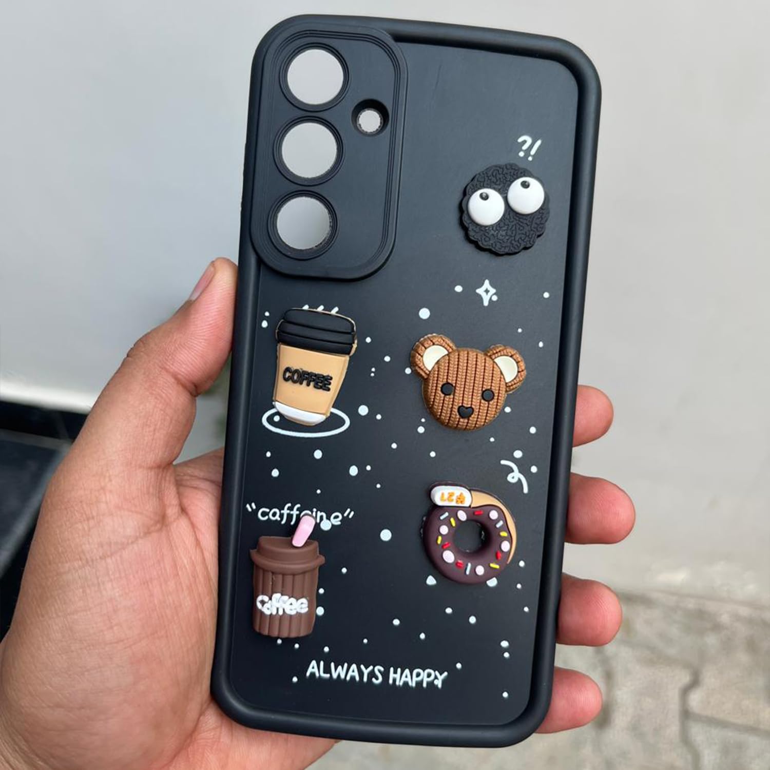 Pikkme Samsung Galaxy A55 5G Cute Fun Cartoon 3D Bear Coffee Back Cover (Black)