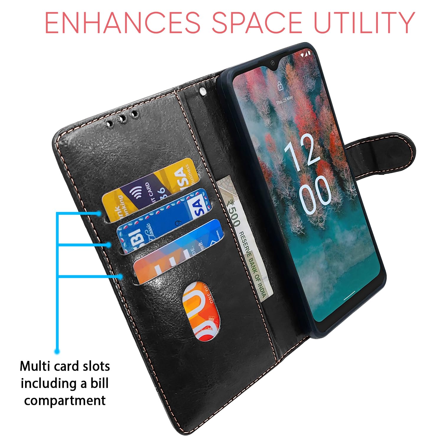 Black & brown wallet flip cover for Nokia C12/C12 Pro – Pikkme – photo 3