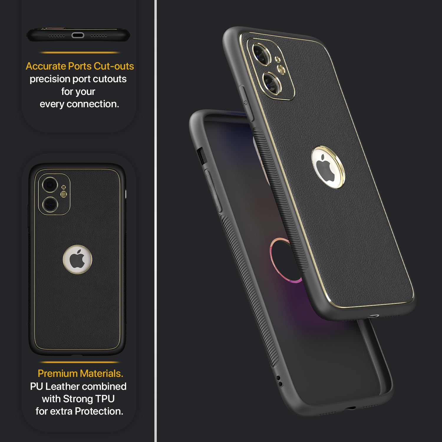 Pikkme iPhone 11 Gold Electroplated Leather Chrome Back Cover (Black)
