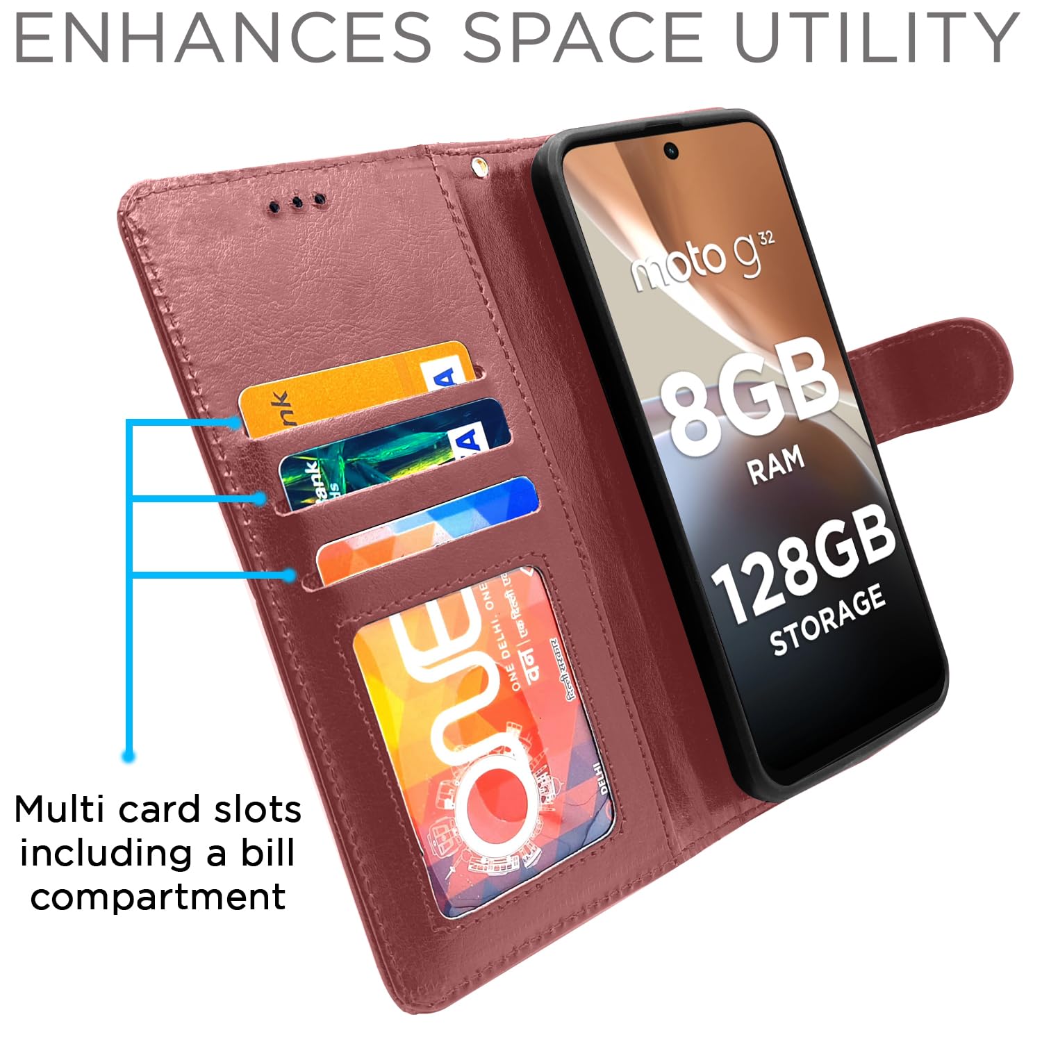 Moto G32 Wallet flip cover in brown by Pikkme – photo 2