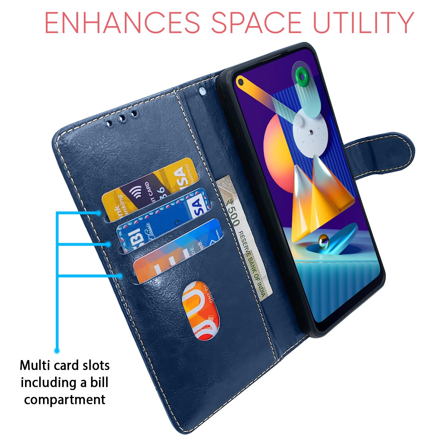 Samsung M11 wallet flip cover in blue & brown by Pikkme – photo 4