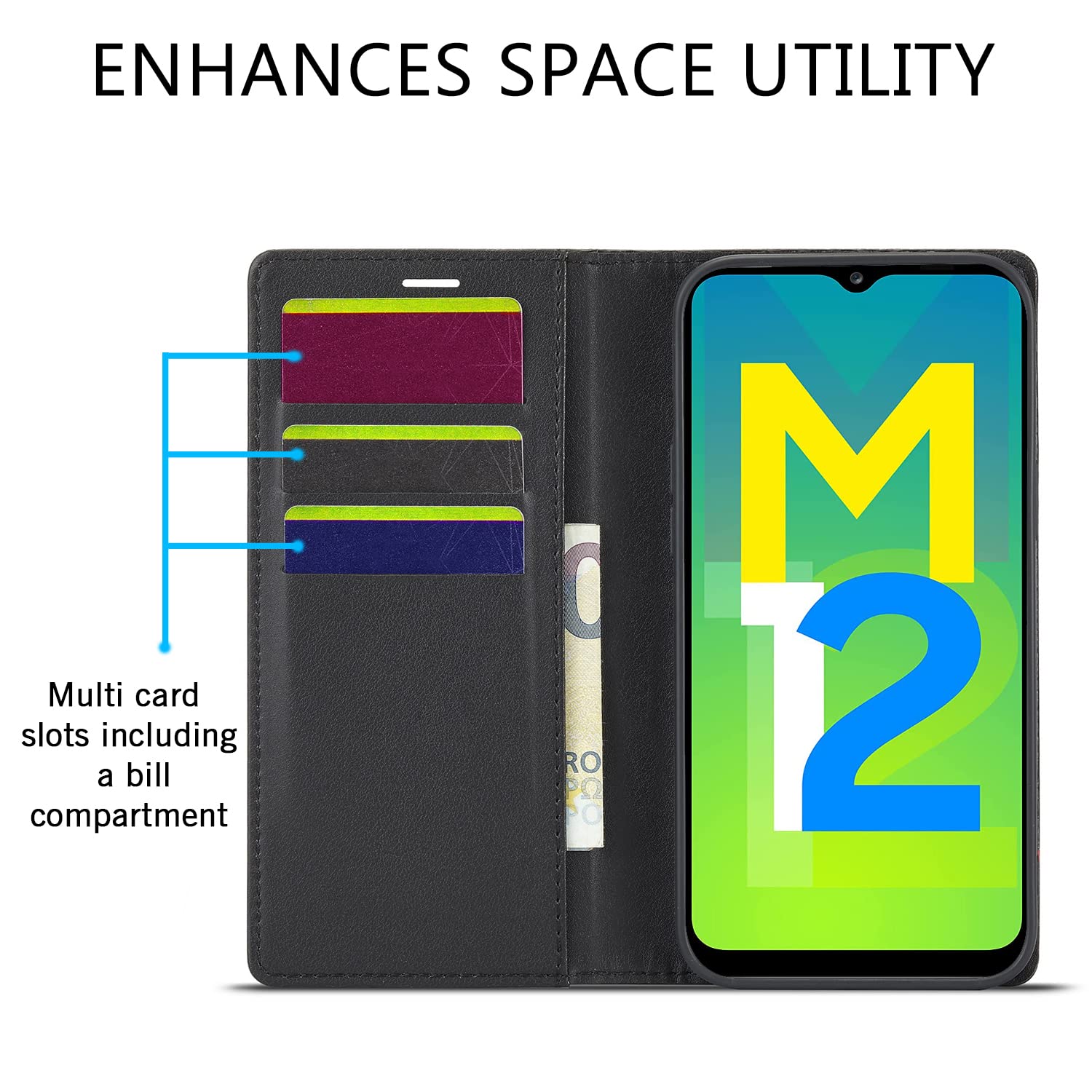 Samsung M12/F12/A12 Wallet mobile flip cover in black by Pikkme – photo 3