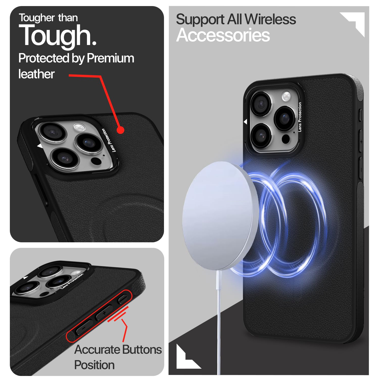 Pikkme iPhone 16 Pro Max Pu Leather with Metal Frame Lens Protection Bumper Case (Black)