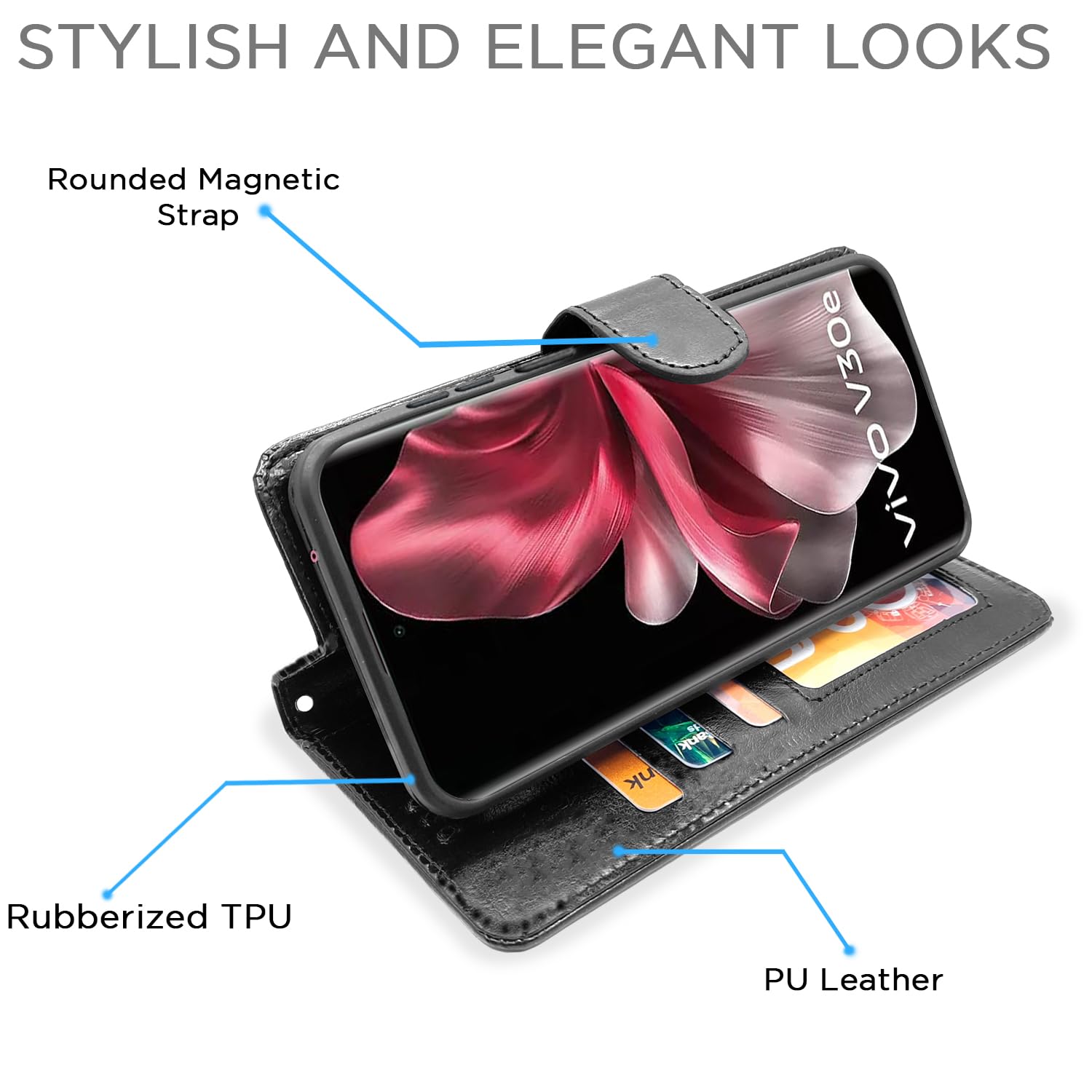 Pikkme Vivo V30e 5G Vintage Flip Cover| Black