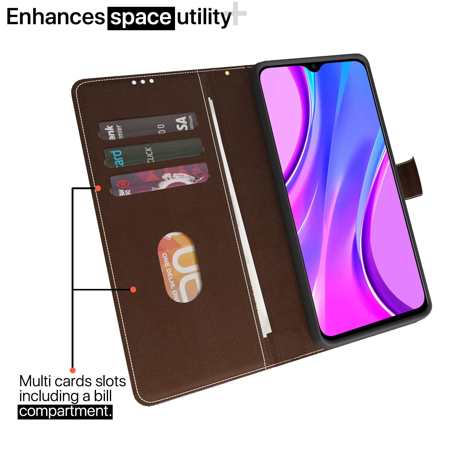 Redmi 9 Prime/Poco M2 Magnetic wallet flip cover in brown & coffee by Pikkme – photo 2