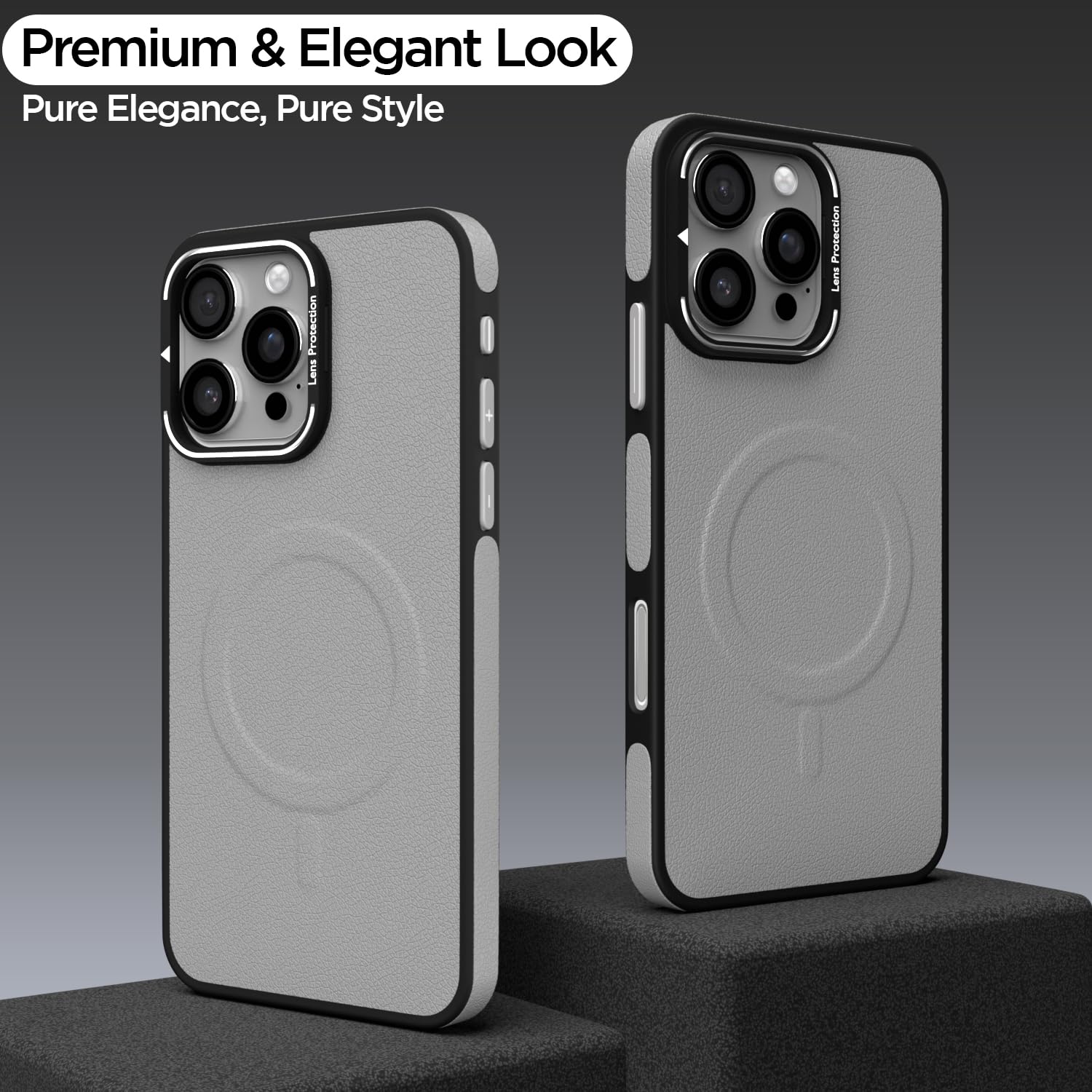 Pikkme iPhone 16 Pro Max Pu Leather with Metal Frame Lens Protection Bumper Case (Grey)