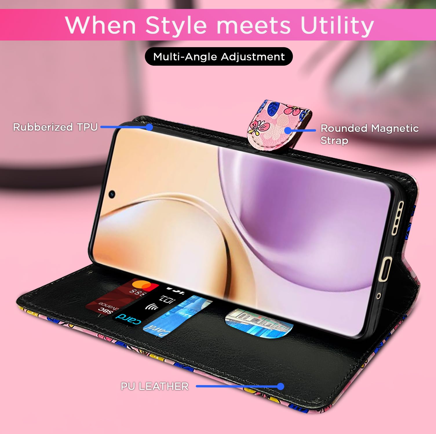 Pink flower Wallet wallet flip cover for Realme 14 Pro 5G – Pikkme – photo 5