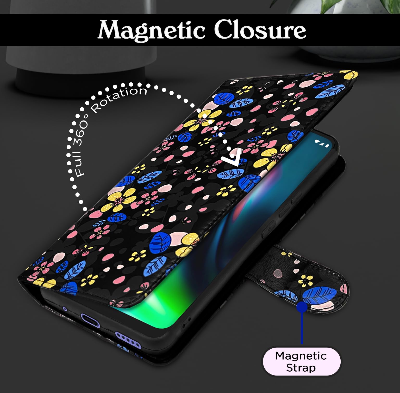Pikkme black flower wallet flip cover for Moto G9 – photo 2