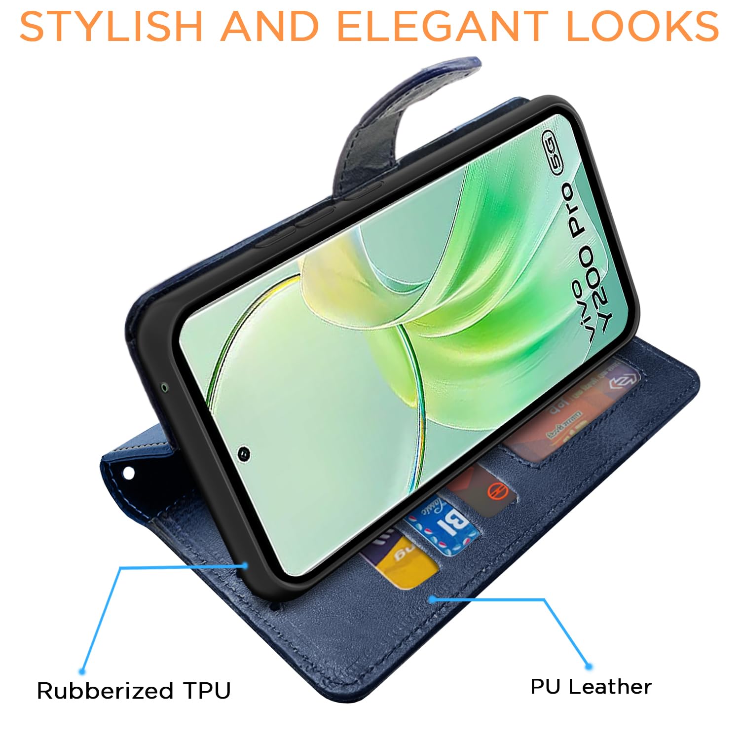 Pikkme Vivo Y200 Pro 5G Dual-Tone PU Leather Finish Magnetic Flip Cover (Navy Blue)