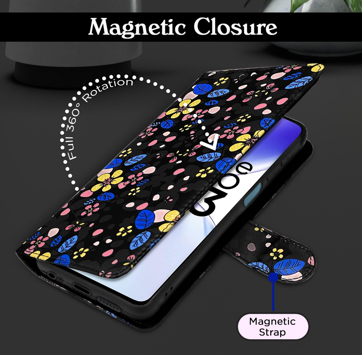 Realme Narzo N53 Wallet mobile flip cover in black flower by Pikkme – photo 2