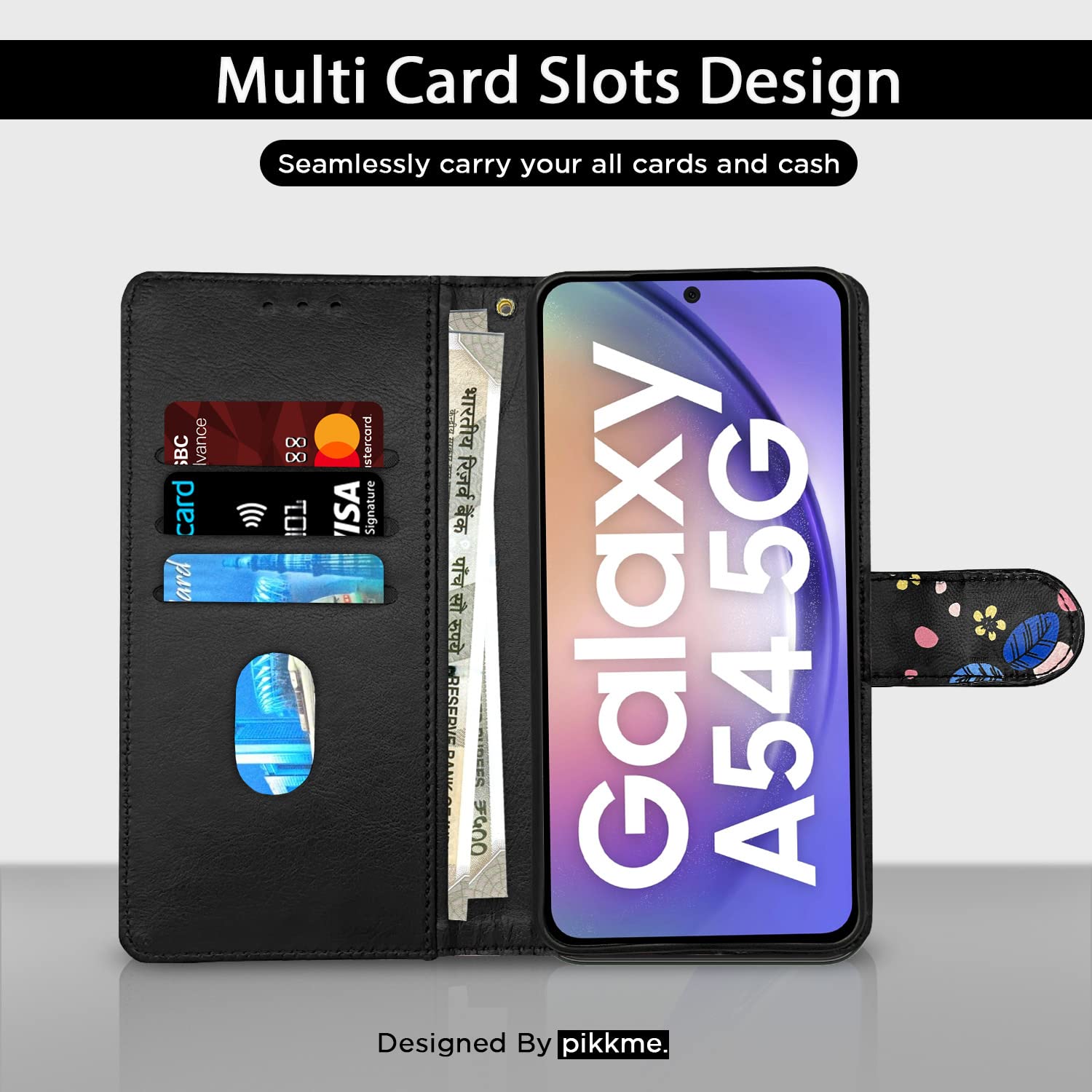 Pikkme Samsung A54 5G black flower wallet flip cover – photo 2