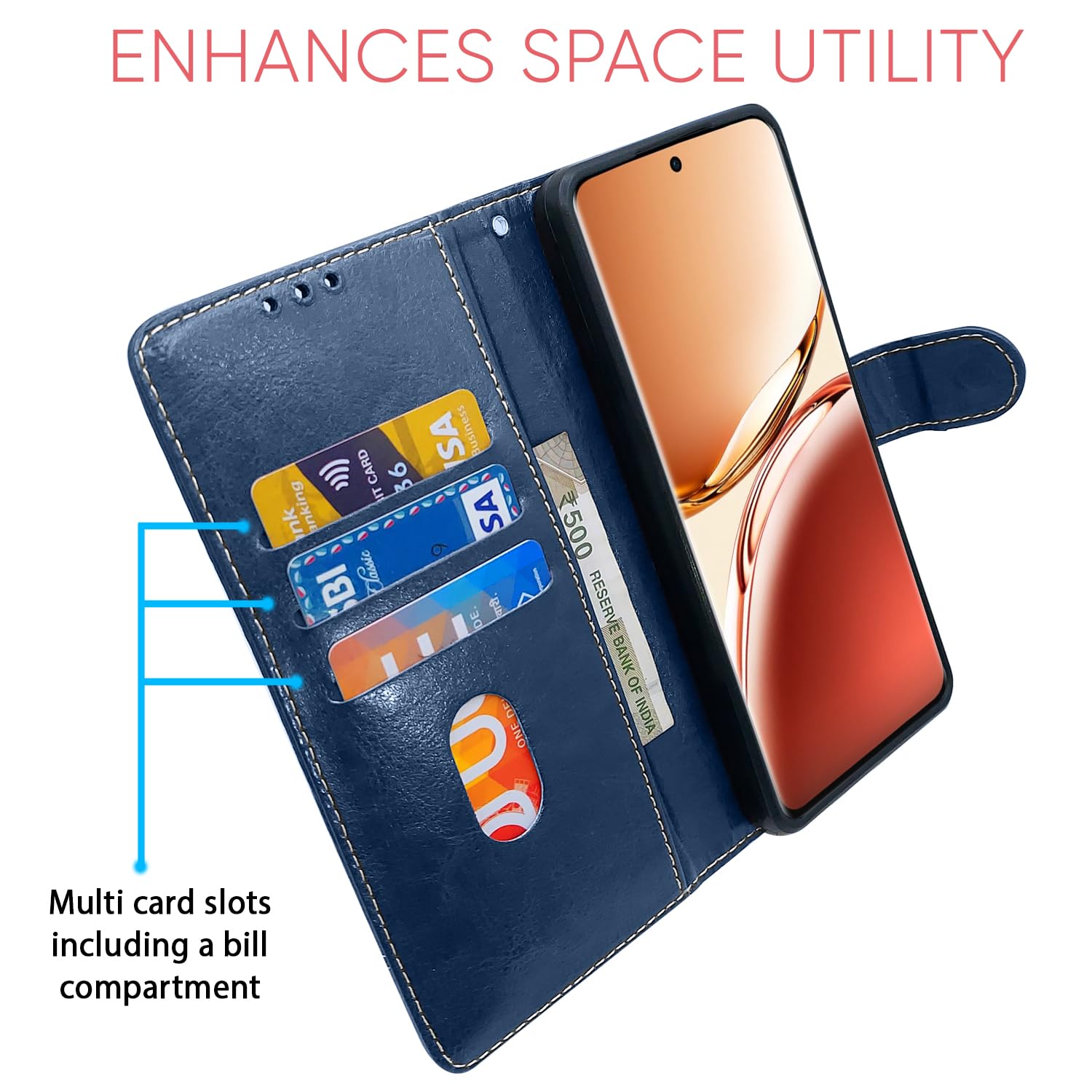 Pikkme blue & brown wallet flip cover for Oppo F27 Pro Plus 5G – photo 4
