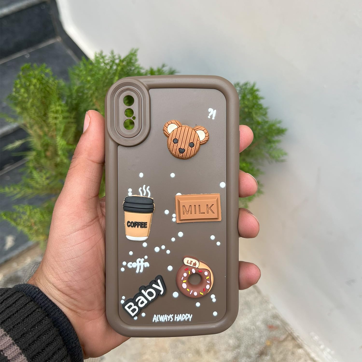 Pikkme iPhone X/Xs Cute Fun Cartoon 3D Bear Coffee Back Cover (Brown)