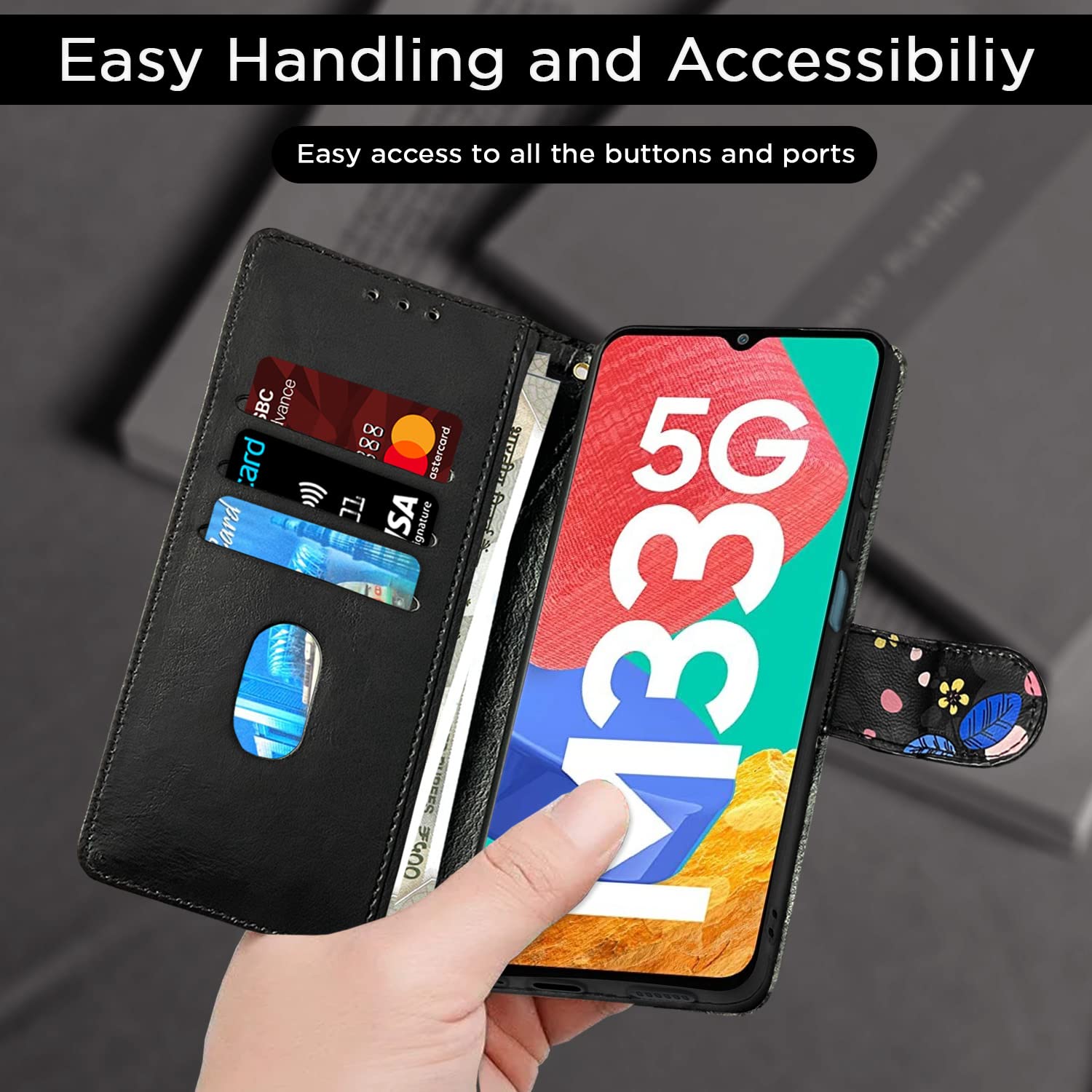 Pikkme Samsung Galaxy M33 5G Flower Flip Cover (Black)