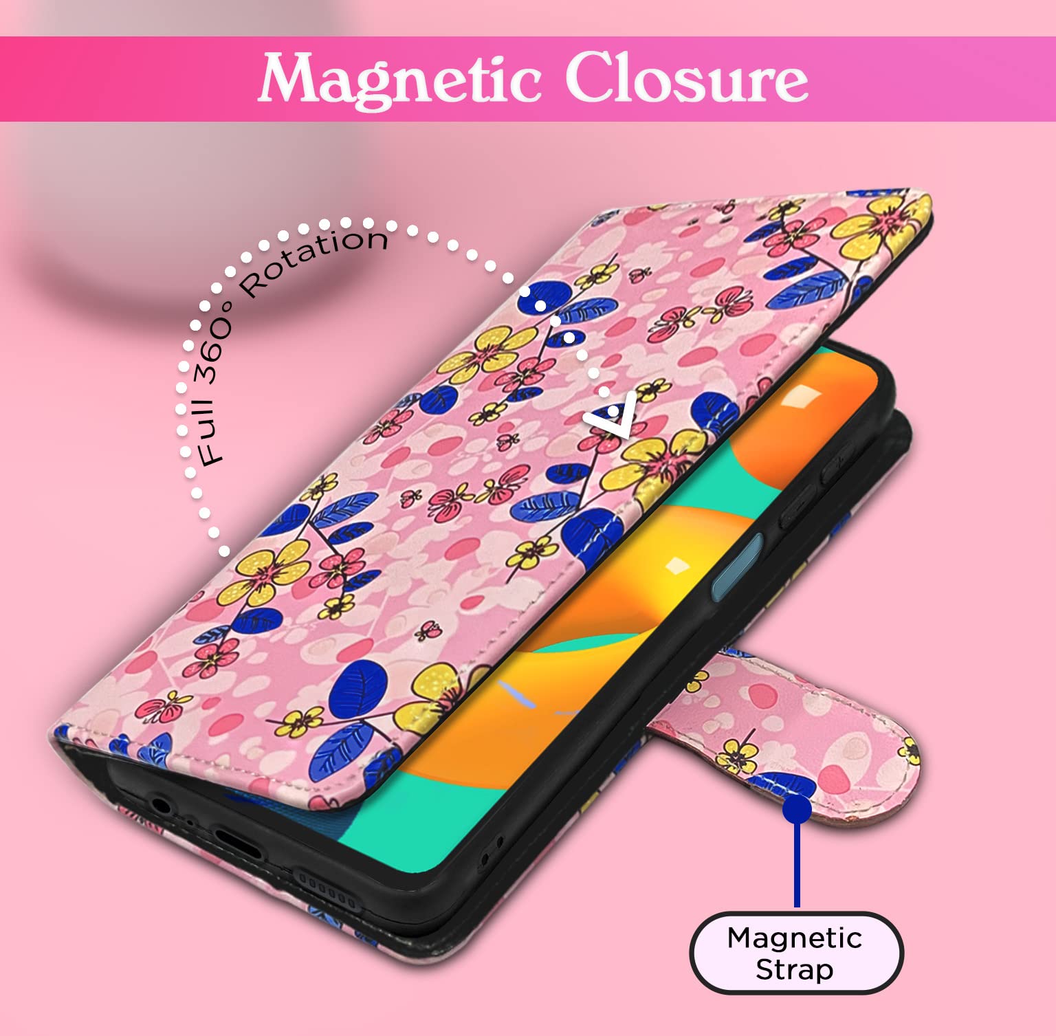 Pink flower wallet flip cover for Samsung M32 4G/M32 Prime/F22 4G – Pikkme – photo 3