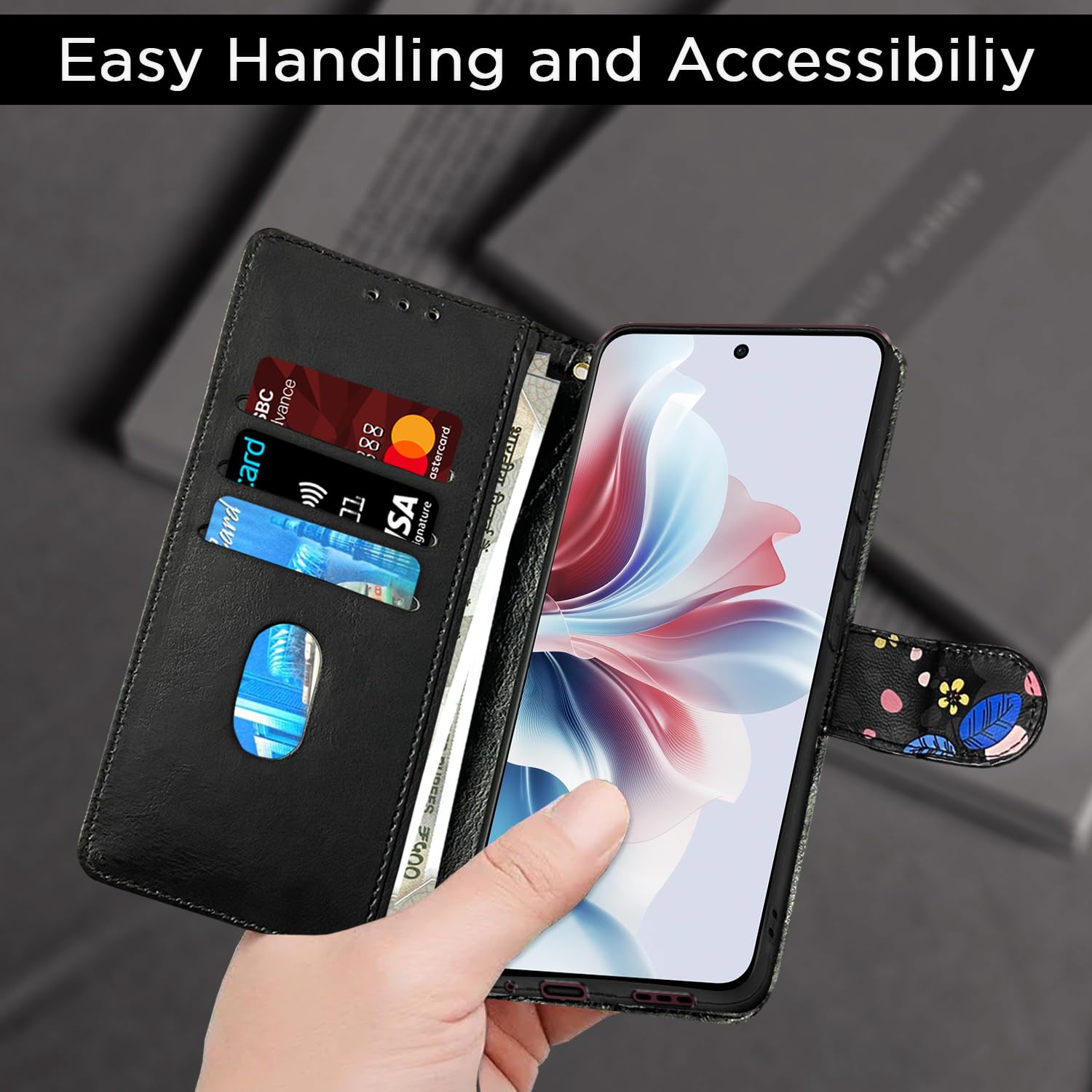 Pikkme black flower Wallet mobile flip cover for OPPO F25 Pro 5G – photo 4
