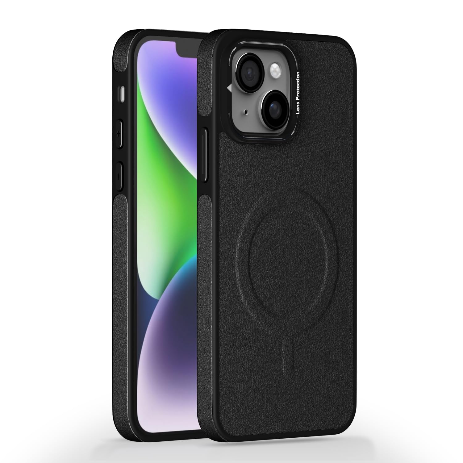 Pikkme iPhone 13 / iPhone 14 Pu Leather with Metal Frame Lens Protection Bumper Case (Black)