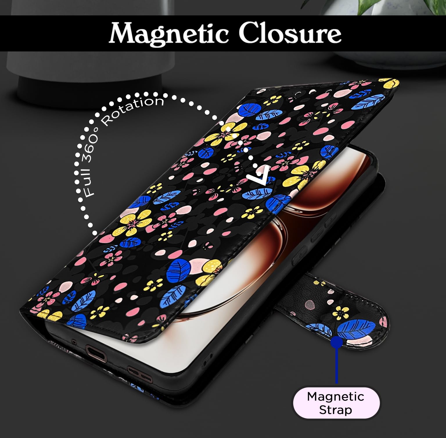 Pikkme black flower Wallet flip case for Oppo Reno 12 Pro 5G – photo 6