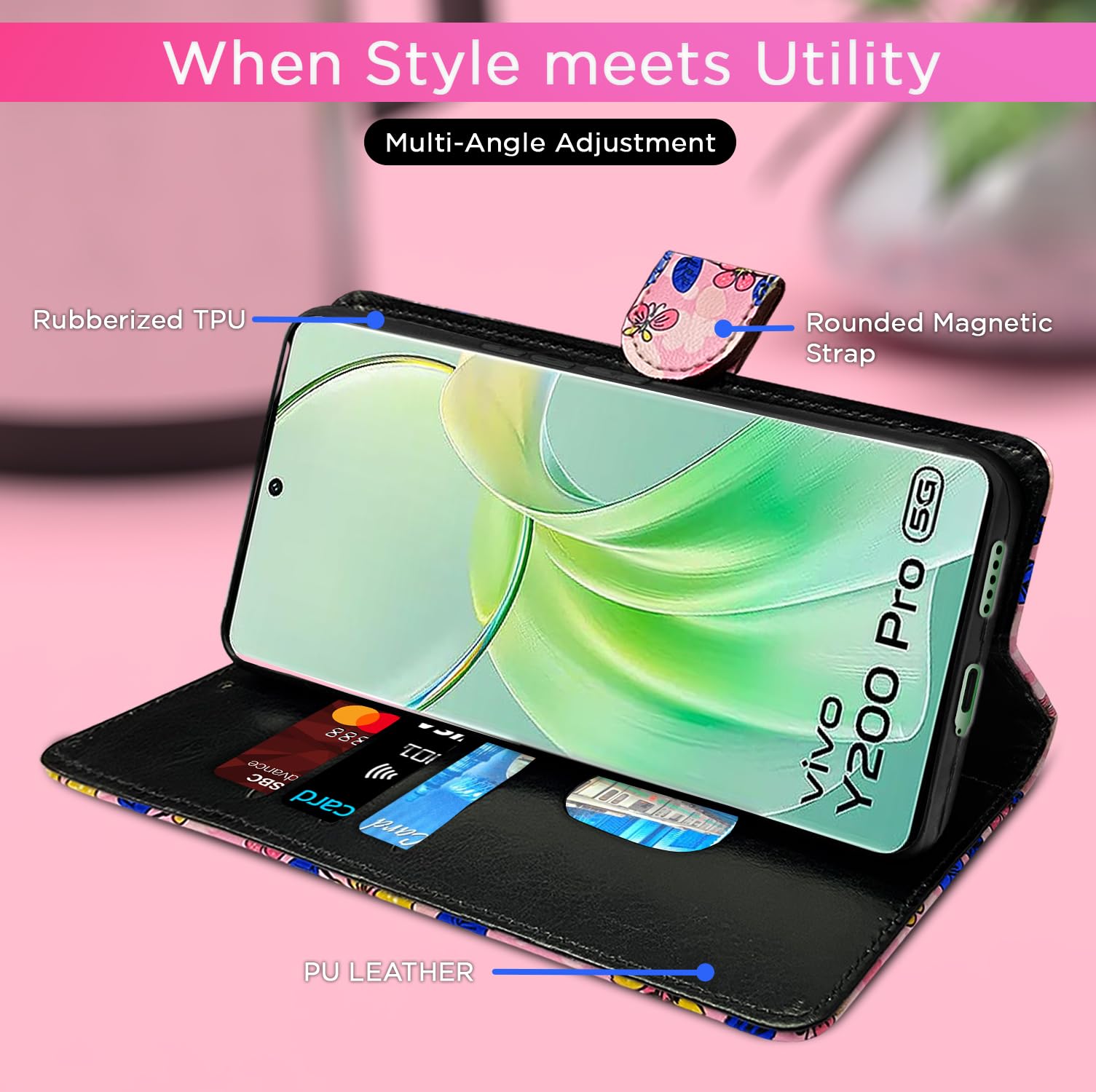 Vivo Y200 Pro 5G Wallet wallet flip cover in pink flower by Pikkme – photo 5