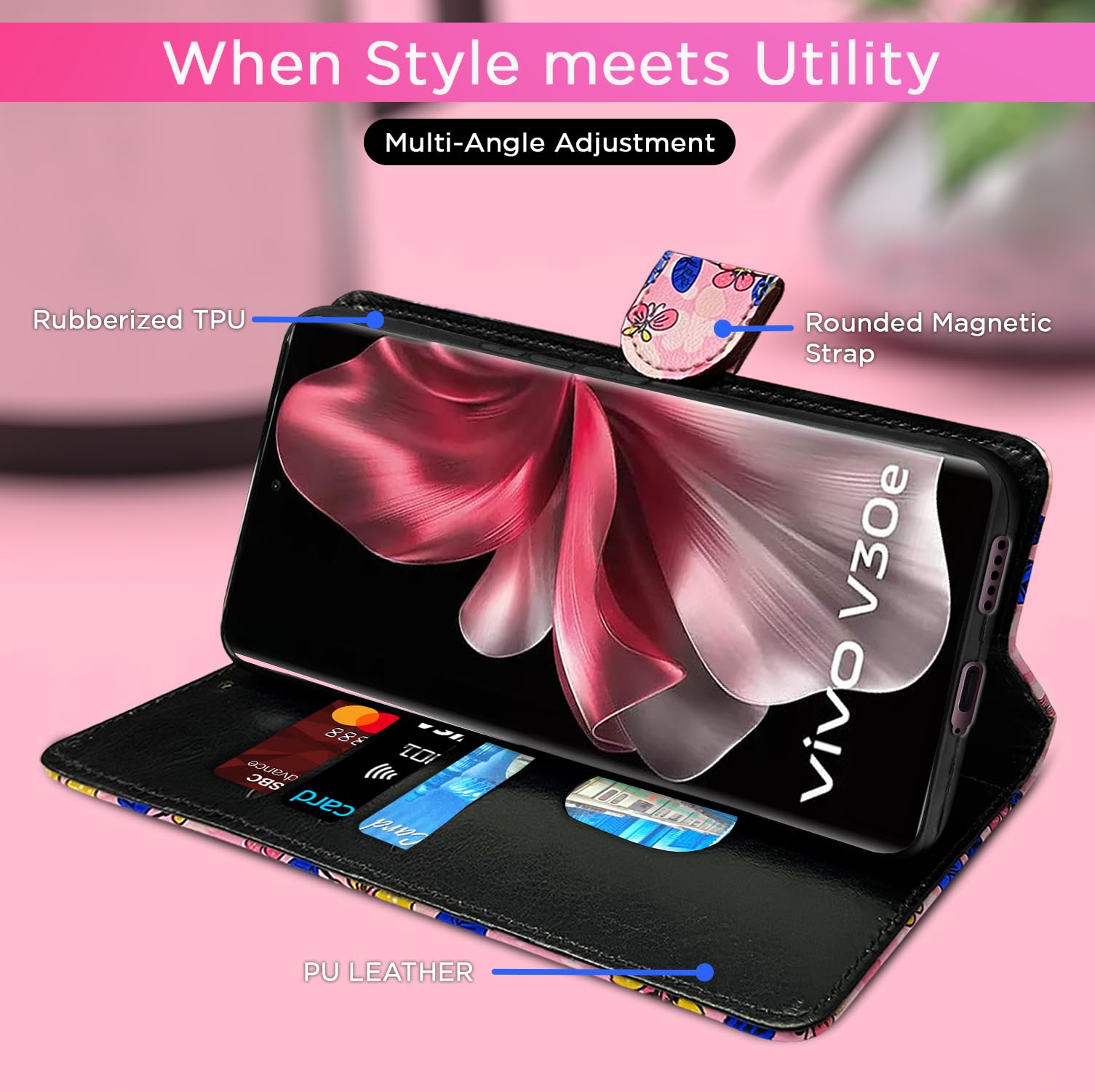 Pikkme pink flower mobile flip cover for Vivo V30e 5G – photo 5