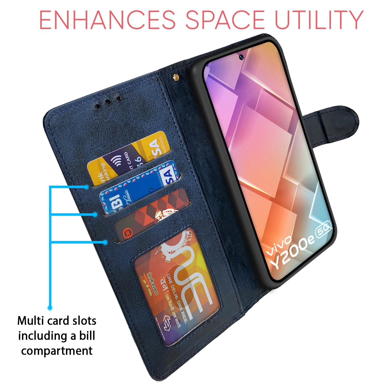 Pikkme Vivo Y200e 5G Dual-Tone PU Leather Finish Magnetic Flip Cover (Navy Blue)