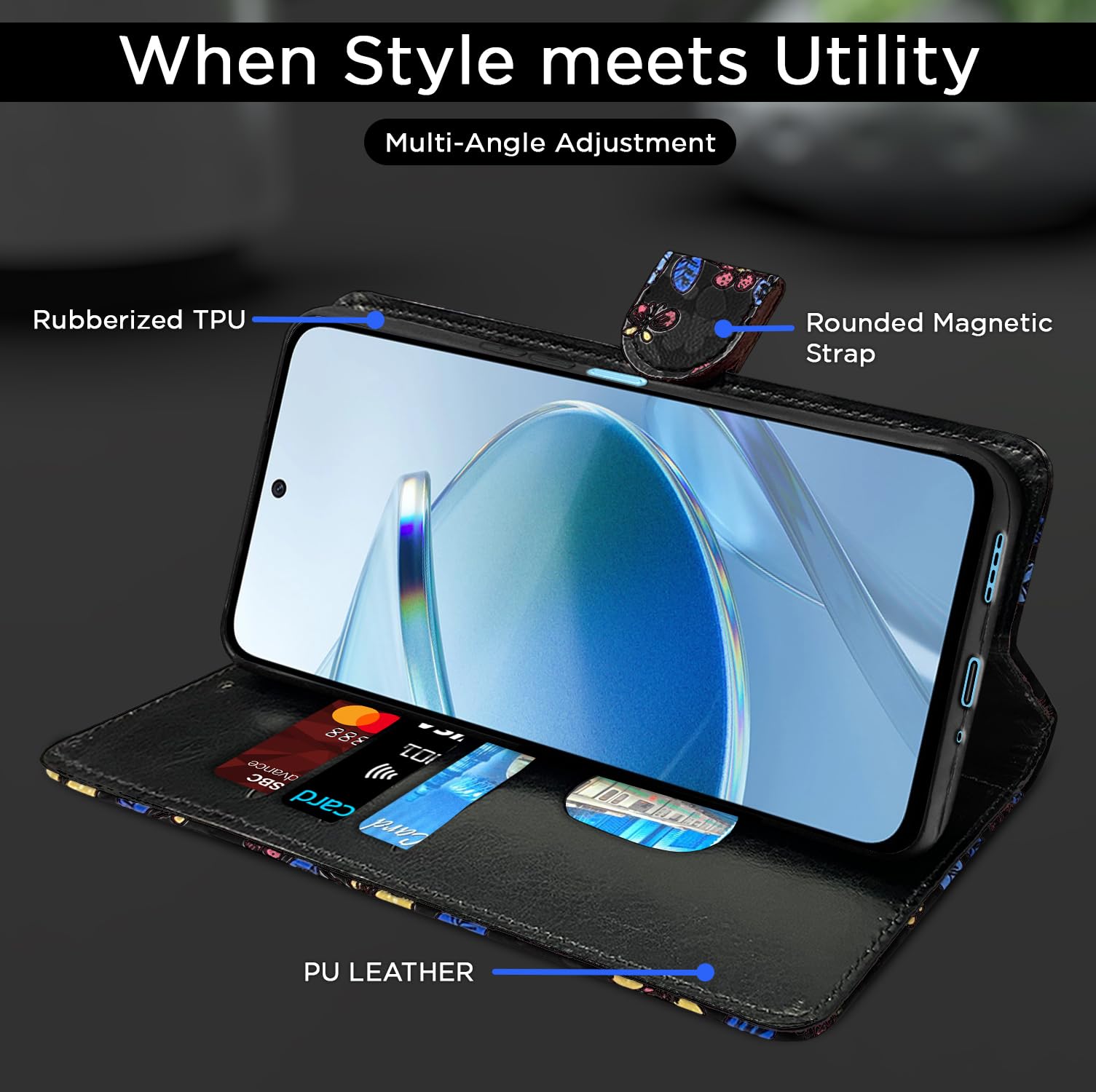 Pikkme black flower Wallet mobile flip cover for Redmi 12 4G – photo 5