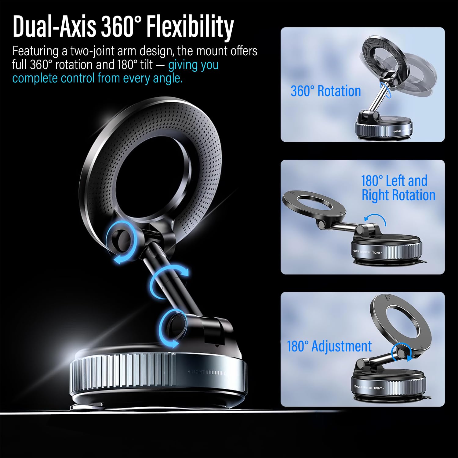 Pikkme 360° Vacuum Magnetic Phone Holder | Universal Car Mount with Suction Cup for Dashboard, Shower, Mirror & Gym