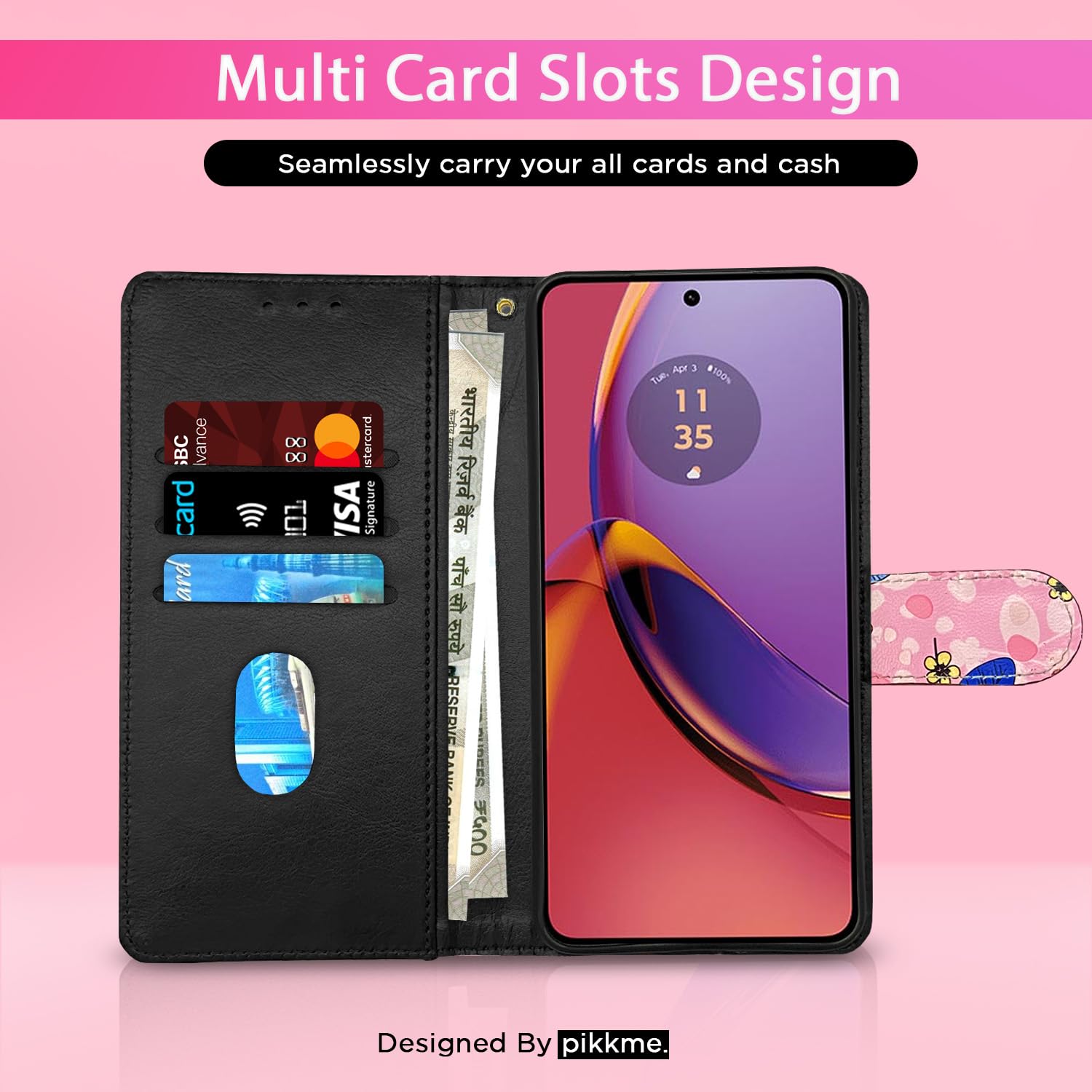 Moto G84 5G Wallet flip case in pink flower by Pikkme – photo 2