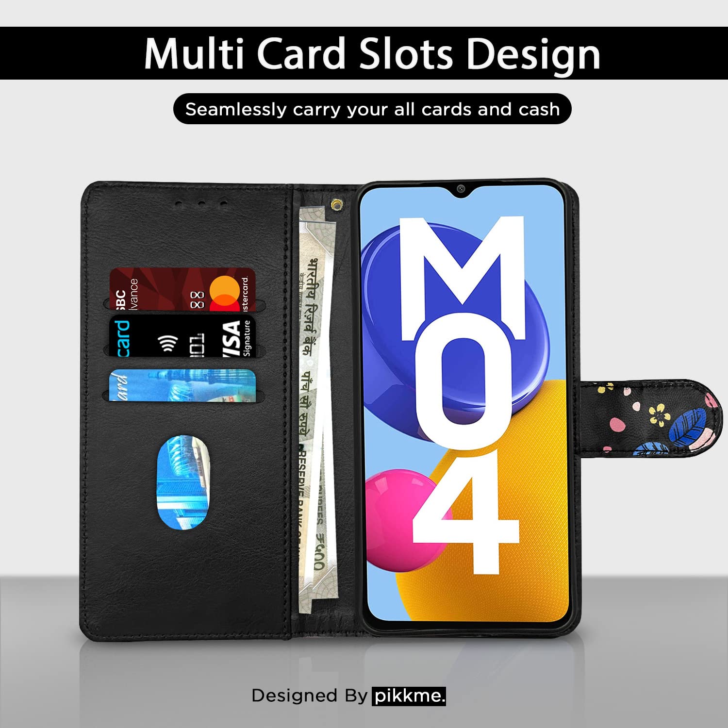 Pikkme Samsung M04 black flower wallet flip cover – photo 2