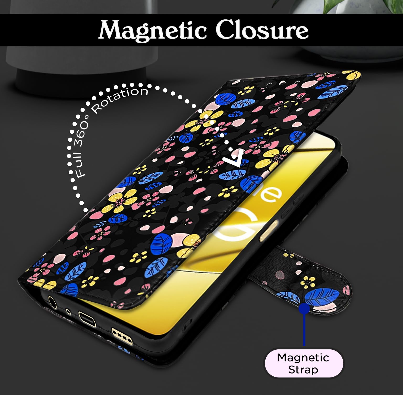 Pikkme black flower Wallet flip case for Realme 11/11X/Narzo 60X 5G – photo 6