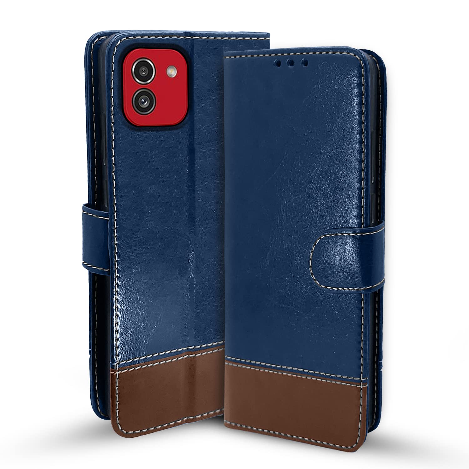 Samsung A03 Magnetic wallet flip cover in blue & brown by Pikkme