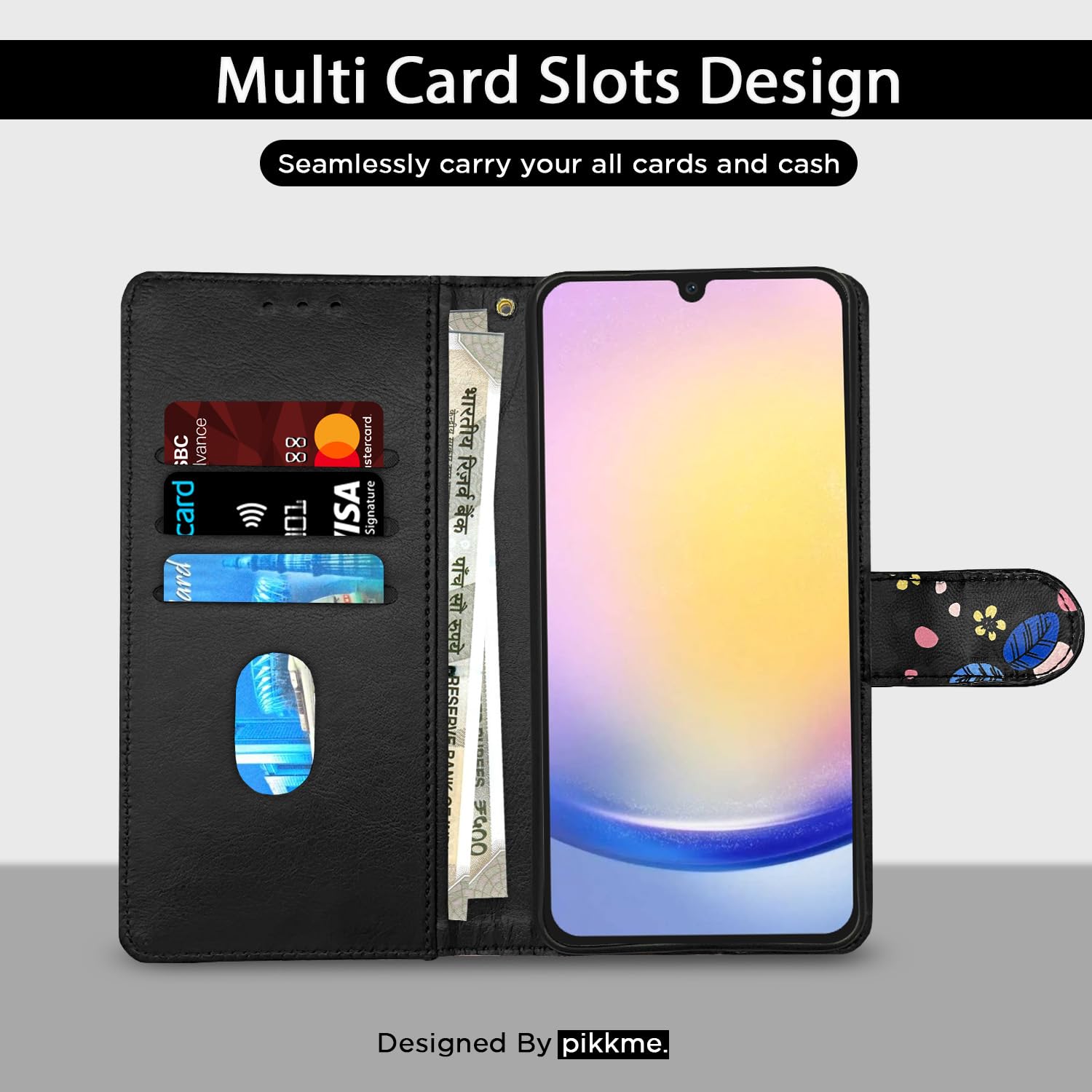 Pikkme Samsung Galaxy A15 5G Flower Flip Cover (Black)