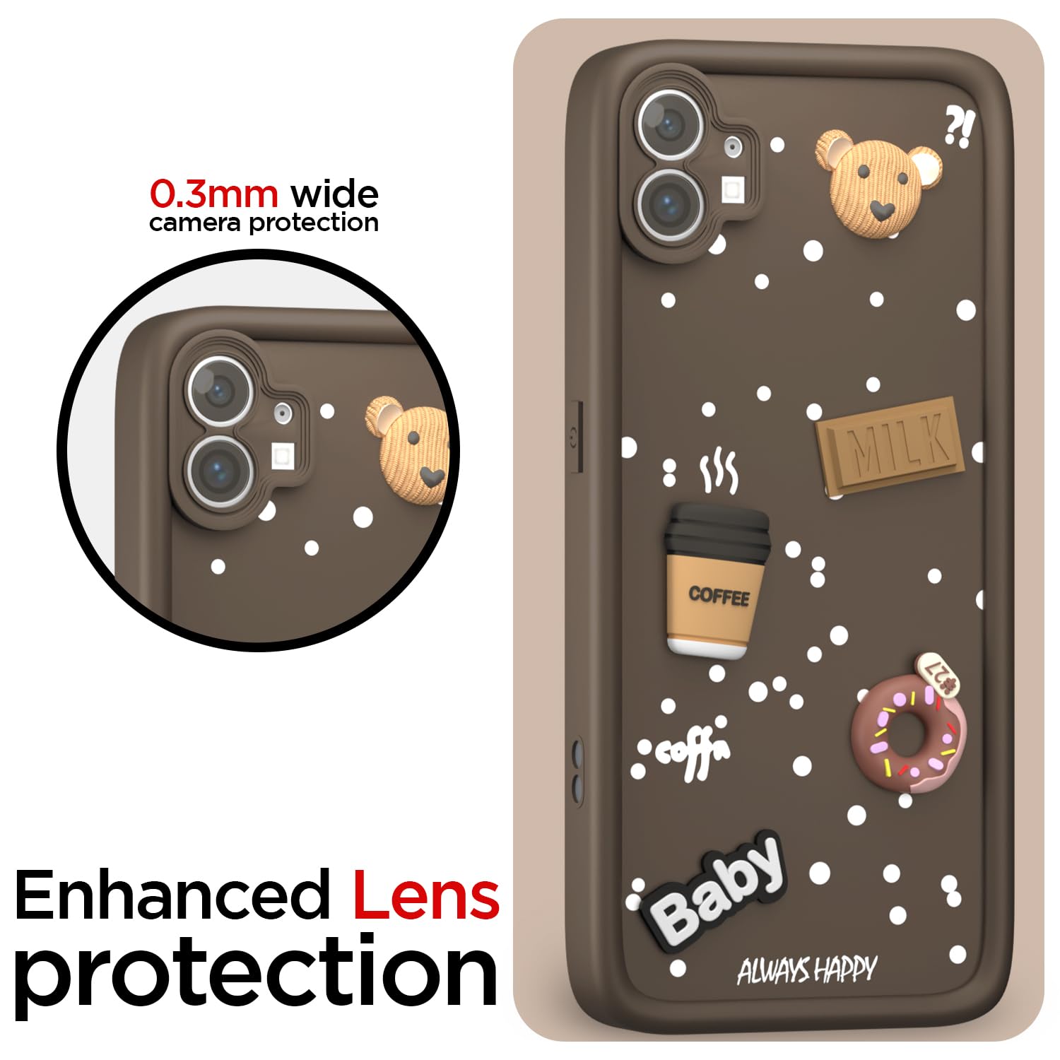 Pikkme Nothing Phone 1 Cute Fun Cartoon 3D Bear Coffee Back Cover (Brown)