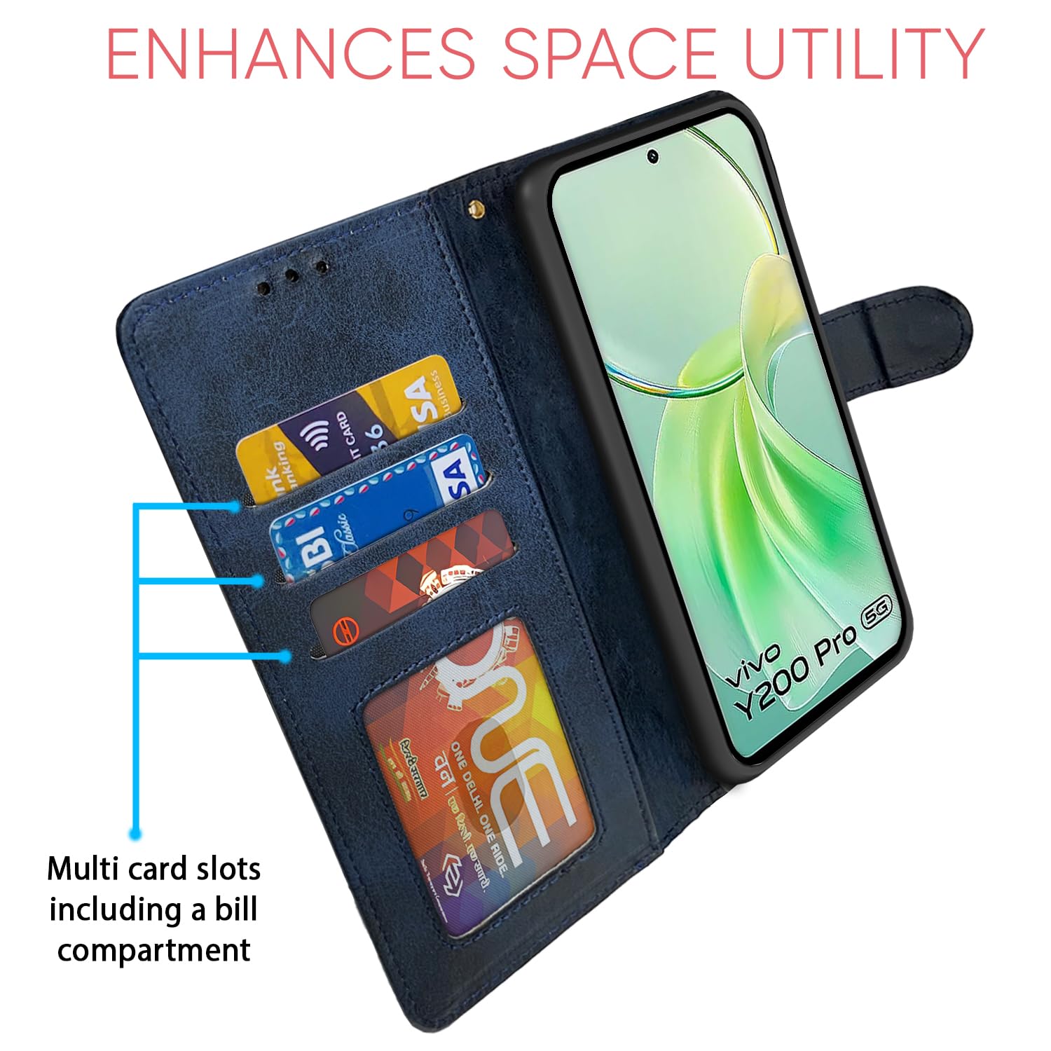 Pikkme Vivo Y200 Pro 5G Dual-Tone PU Leather Finish Magnetic Flip Cover (Navy Blue)