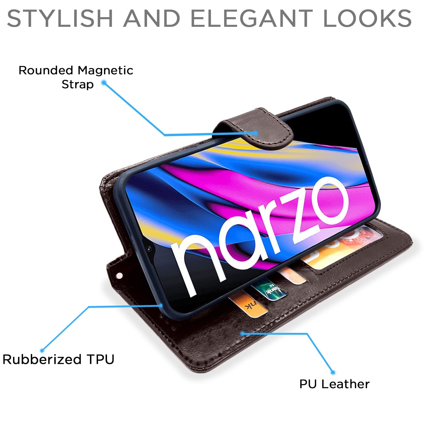 Pikkme Realme Narzo 50A Prime Wallet coffee flip case – photo 5