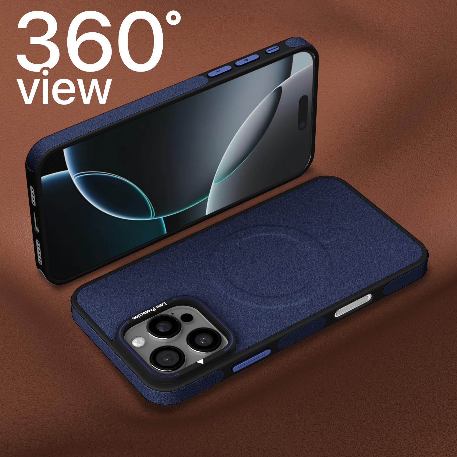 Pikkme iPhone 16 Pro Max Pu Leather with Metal Frame Lens Protection Bumper Case (Blue)
