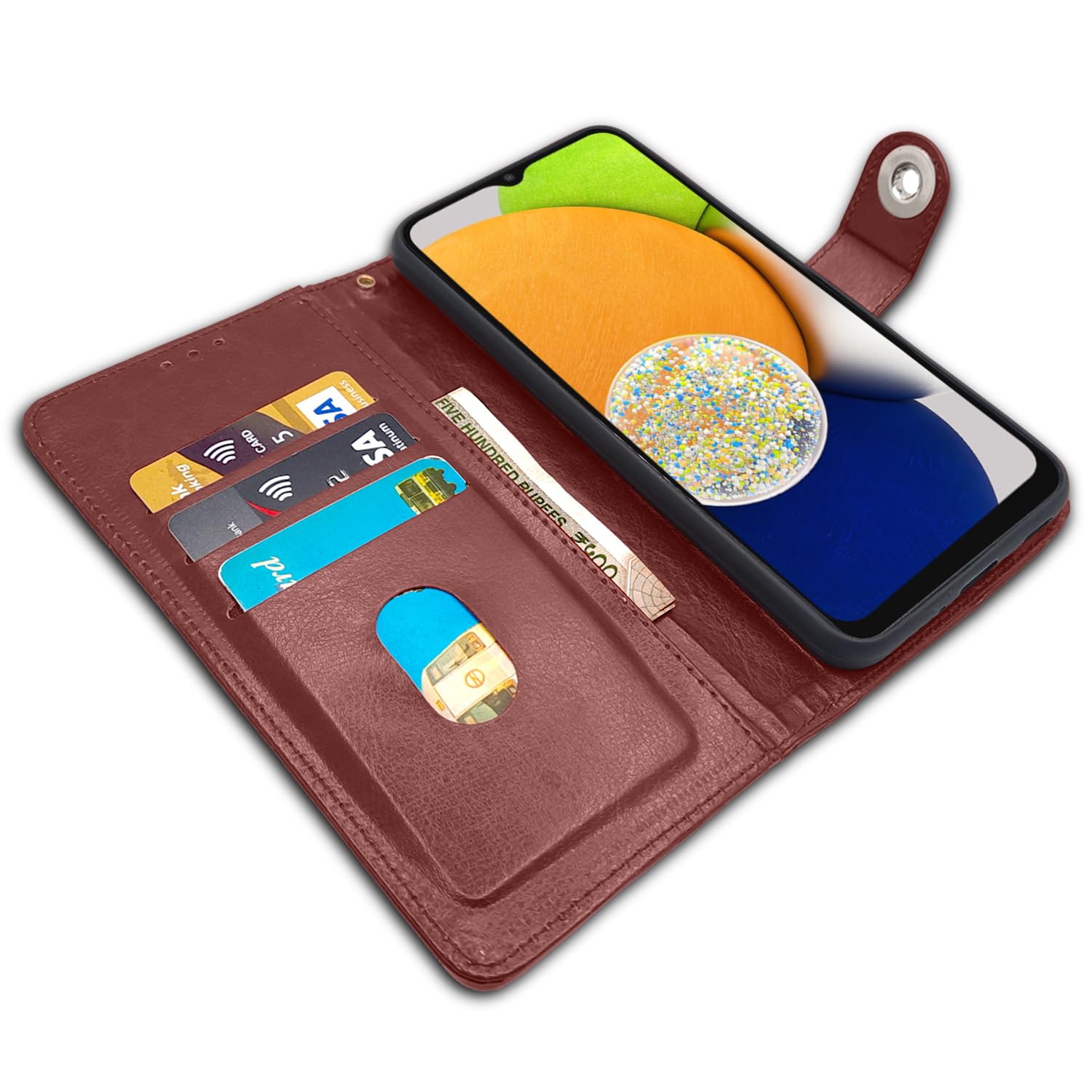Samsung A03 Button wallet flip cover in brown by Pikkme – photo 3