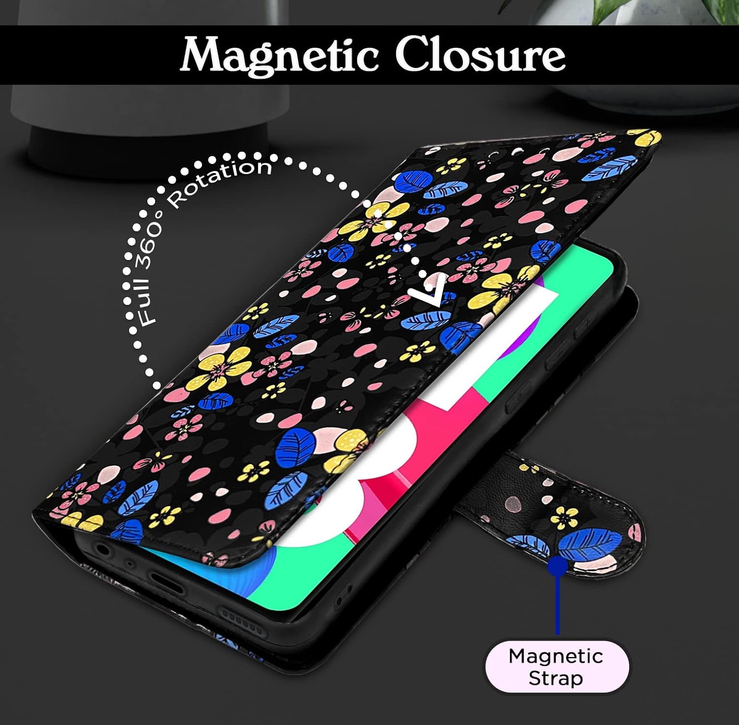 Pikkme Samsung Galaxy M13 4G Flower Flip Cover (Black)
