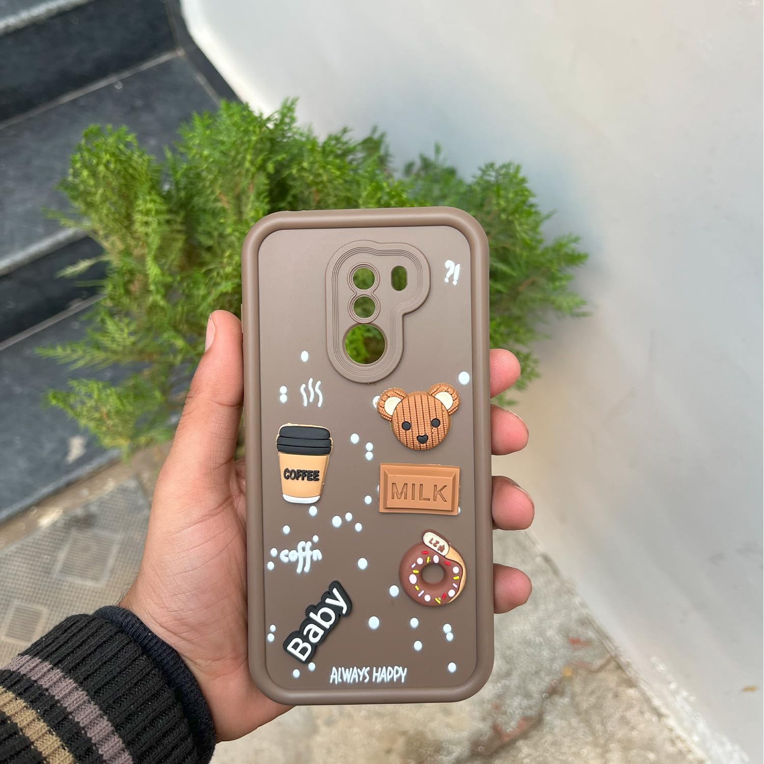 Pikkme Poco F1 Cute Fun Cartoon 3D Bear Coffee Back Cover (Brown)