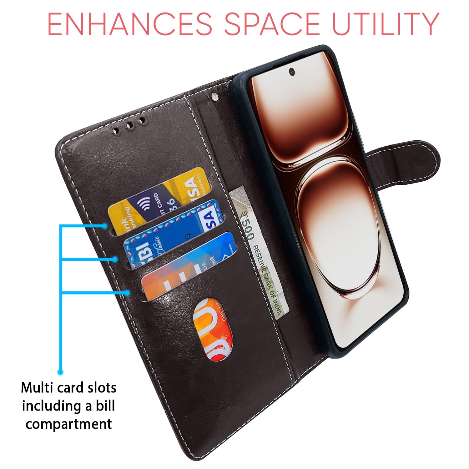 Pikkme Oppo Reno 12 5G coffee & brown flip cover – photo 4