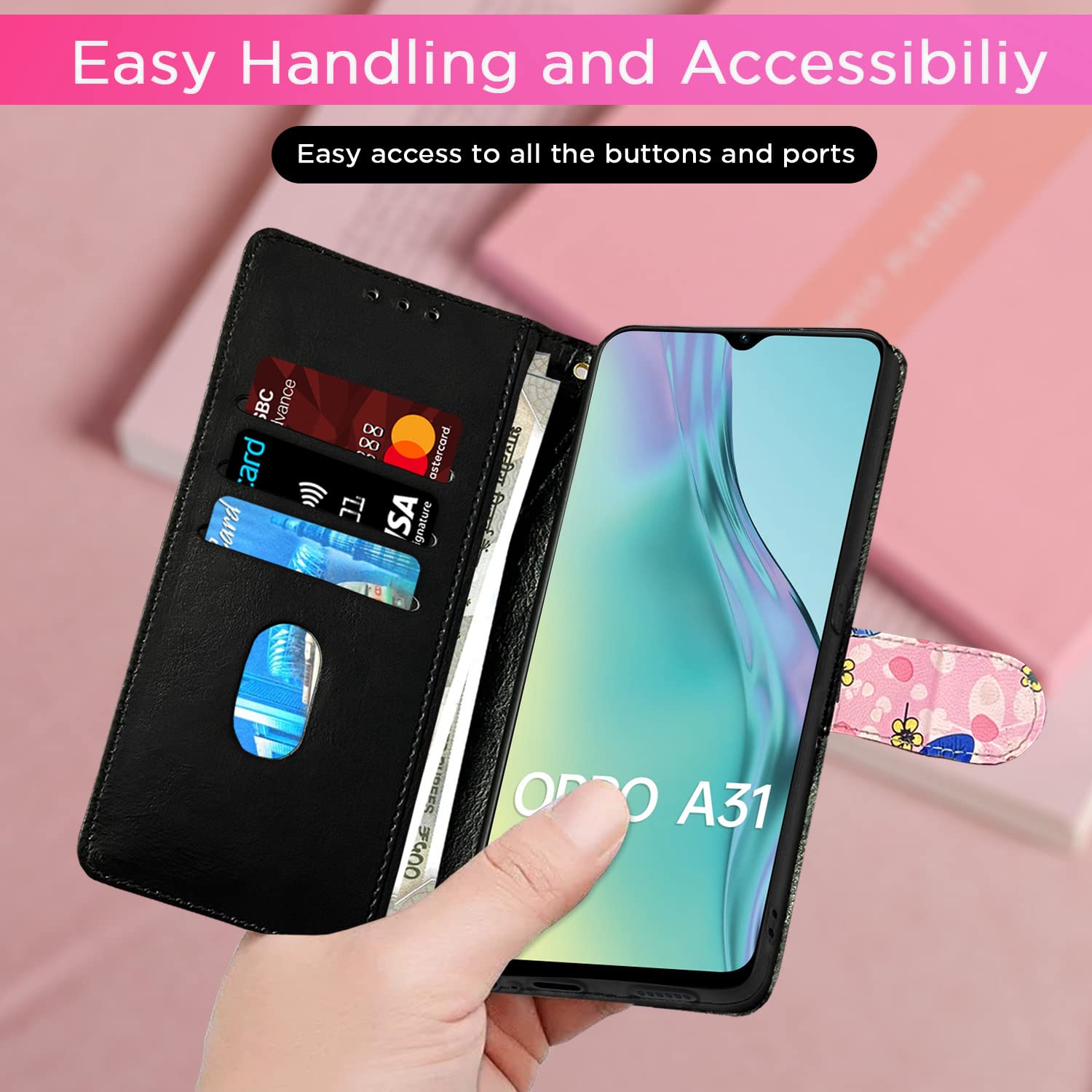 Oppo A31 Wallet wallet flip cover in pink flower by Pikkme – photo 6