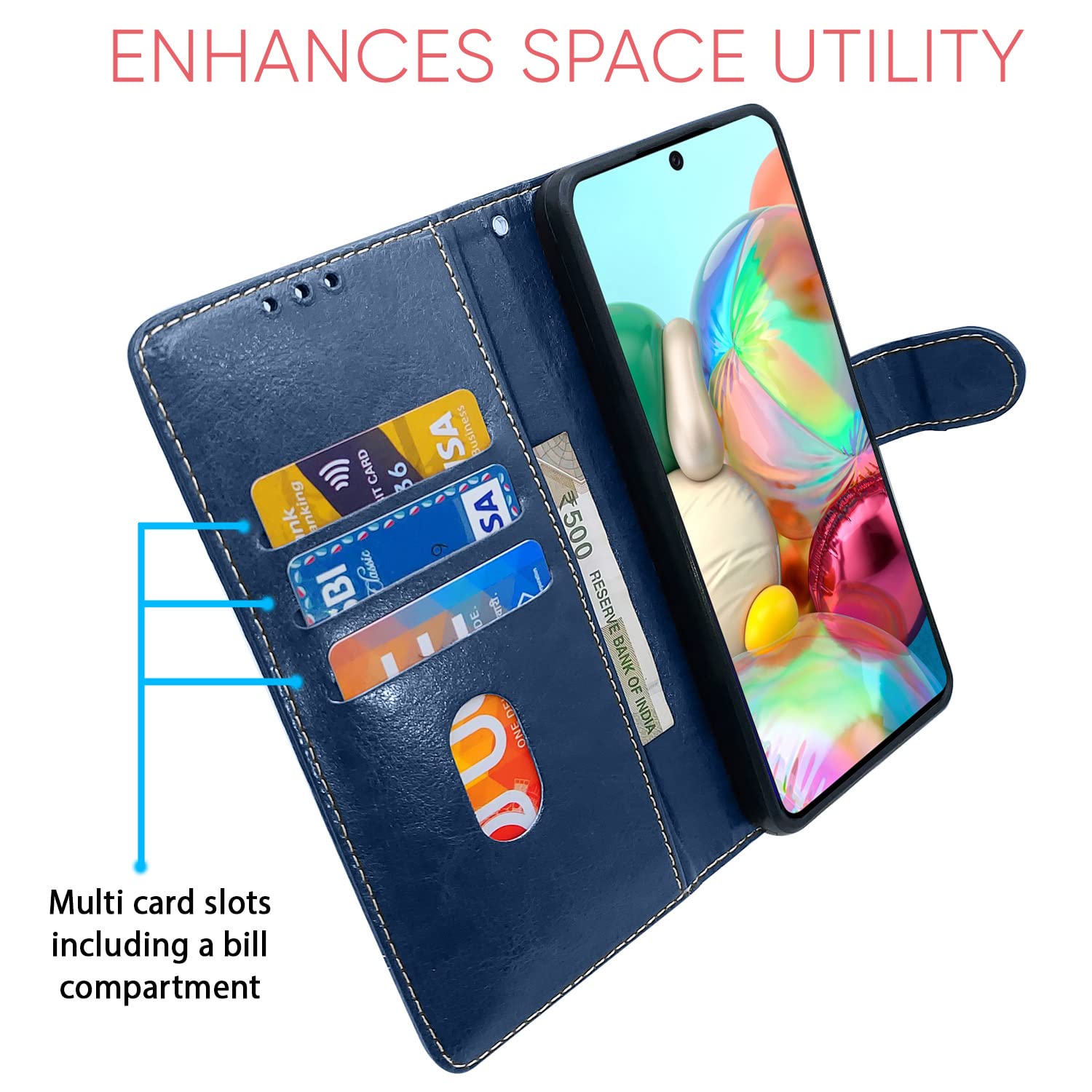 Pikkme Samsung Galaxy A71 Contrast Premium Leather Magnetic Flip Cover (Blue & Brown)