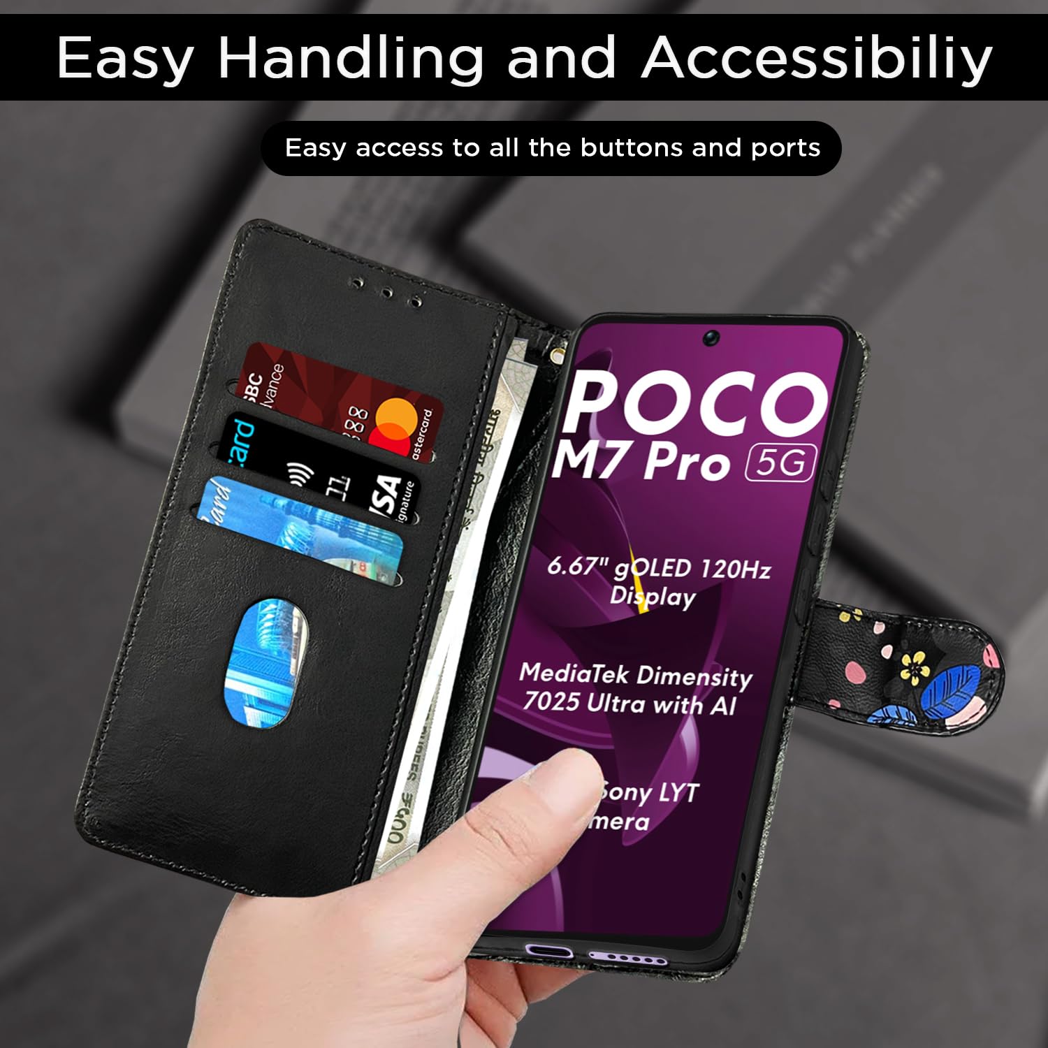 Pikkme black flower mobile flip cover for POCO M7 Pro 5G – photo 7
