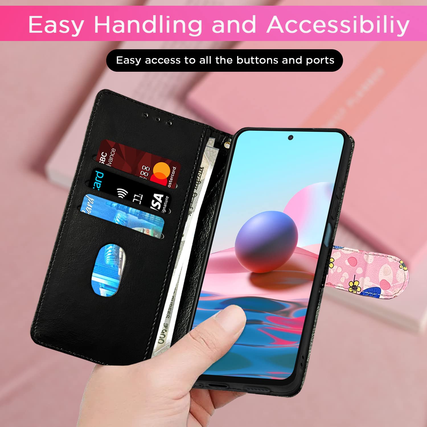 Redmi Note 10/Note 10s/Note 11 SE wallet flip cover in pink flower by Pikkme – photo 7