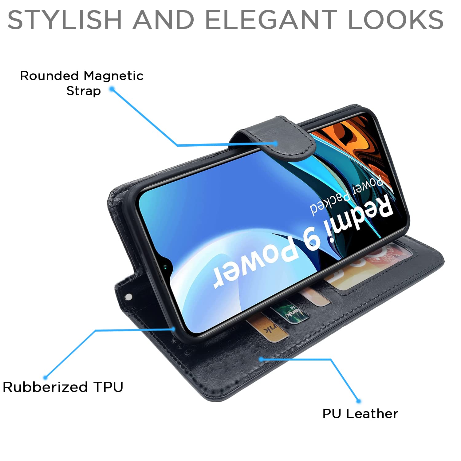 Pikkme Redmi 9 Power Vintage Flip Cover (Black)