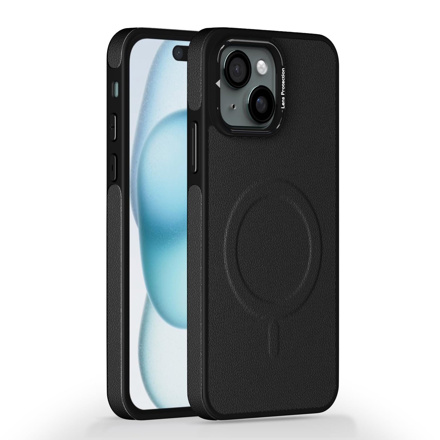 Pikkme iPhone 15 Pu Leather with Metal Frame Lens Protection Bumper Case (Black)