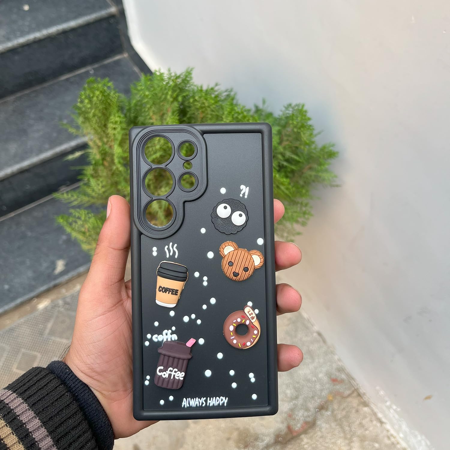 Pikkme Samsung Galaxy S23 Ultra 5G Cute Fun Cartoon 3D Bear Coffee Back Cover (Black)