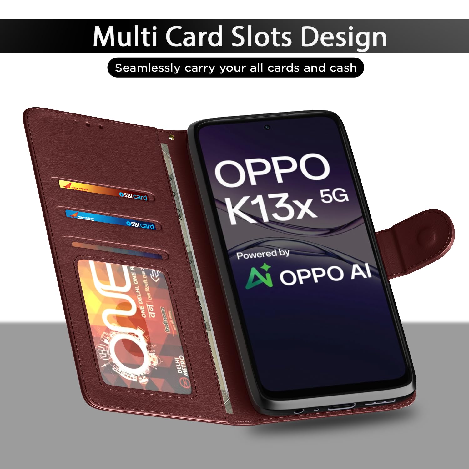 Pikkme Oppo K13x 5G Premium Leather Finish Vintage Flip Cover (Brown)