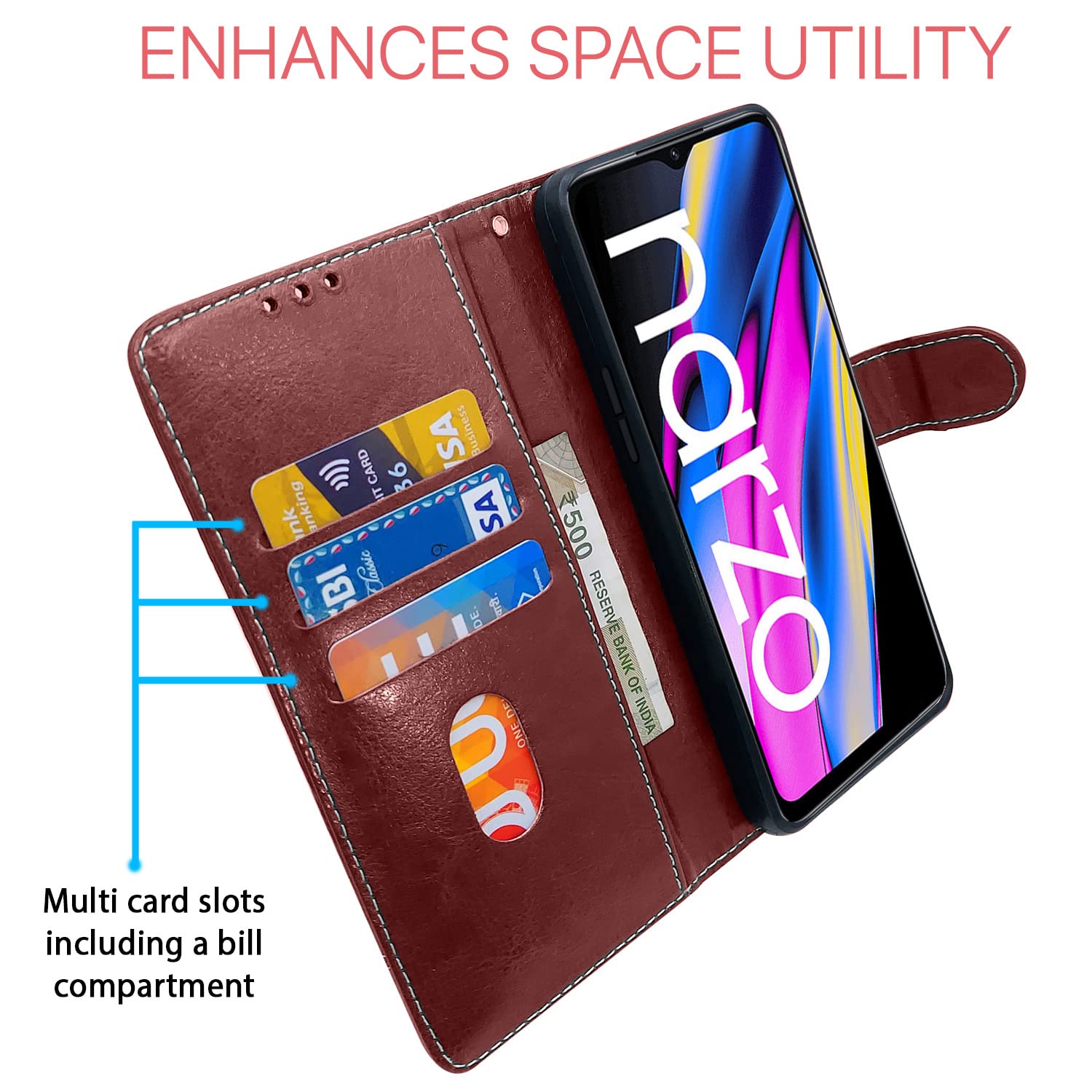 Realme Narzo 50A Prime Magnetic flip case in brown & coffee by Pikkme – photo 3
